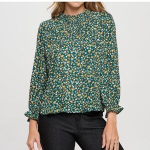 Pleione Green Floral Long Sleeve Top LARGE Anthropologie